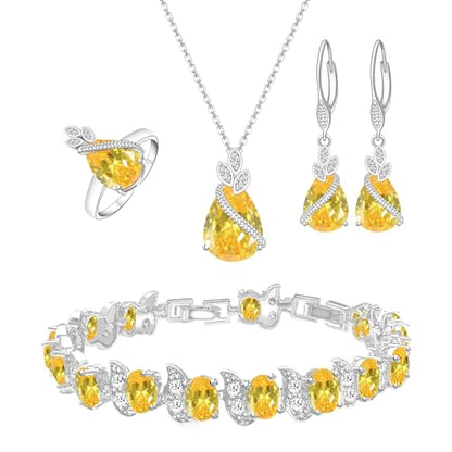 GZWHD Jewelry Set for Women CZ Earrings Necklace Ring Bracelet Set Prom Party Wedding Jewelry Gift for Mother Friend Wife - color: A-Yellow
