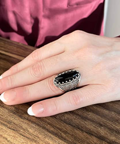 Filigranist 925 Sterling Silver Handcrafted Filigree Art Women Oval Boho Statement Ring with Gemstones, Gift Boxed - color: Black Onyx, size: 5.5