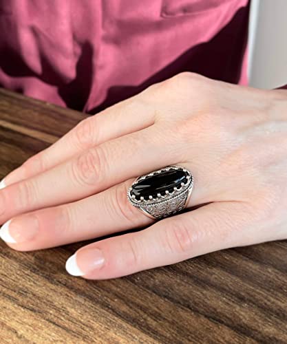 Filigranist 925 Sterling Silver Handcrafted Filigree Art Women Oval Boho Statement Ring with Gemstones, Gift Boxed - color: Black Onyx, size: 6