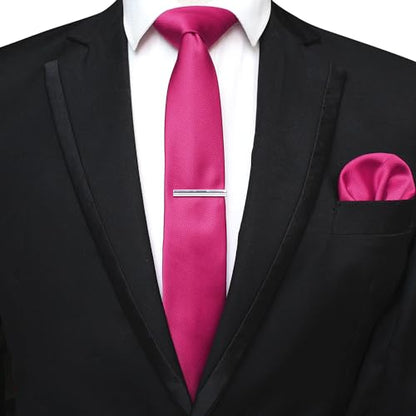 JEMYGINS 2.4" Solid Color Skinny Tie and Pocket Square with Tie Clip Sets for Men (6cm) - color: Hot Pink