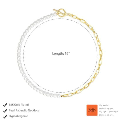 Zeffy Pearl Necklace 4MM/6MM/8MM Dainty Round Imitation Pearl Choker Necklace Wedding Pearl Necklace Delicate Jewelry for Women Simple Bridesmaid Jewelry Gifts - style: 6mm Gold Pearl Paperclip Necklace(17")