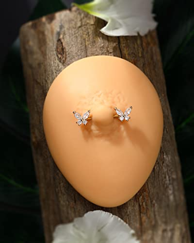 Butterfly Nipple Rings for Women 14G Nipple Piercing Jewelry Gold Nipple Ring Surgical Steel Nipple Shield CZ Nipple Barbell Body Piercing Jewelry for Women - color: Gold