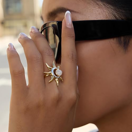 Sun and Moon Adjustable Ring for Women Stainless Steel Open Band Statement Ring Gold and Silver Celestial Jewelry Gift