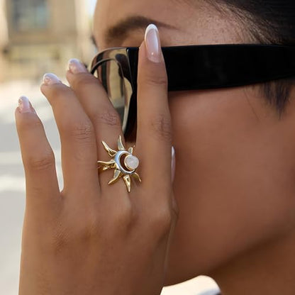 Sun and Moon Adjustable Ring for Women Stainless Steel Open Band Statement Ring Gold and Silver Celestial Jewelry Gift