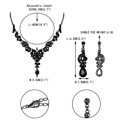 EVER FAITH Rhinestone Crystal Bridal Floral Wave Teardrop Necklace Earrings Set - color: 2pcs_Black Black-Tone