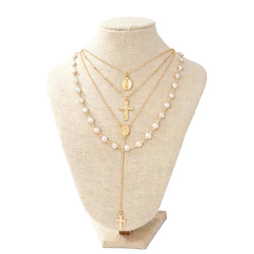 Layered Necklace for Women, Cross Pendant Y Necklace Set, 18K Gold Plated Dainty Stackable Jewelry Gift for Everyday Wear - style: 4PCS - J