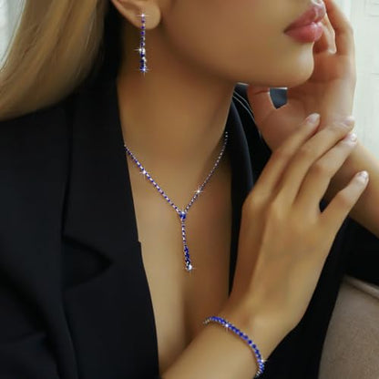 Gold Jewelry Set for Prom,Pearl Necklace Earrings Bracelet Crystal Bridal Wedding Prom Dresses Costume Jewelry Accessories Rhinestone Bridal Jewelry Set for Women - color: Blue