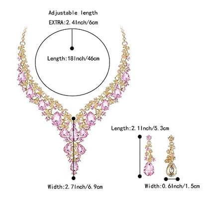 Wedding Bridal Necklace Earrings Jewelry Set for Women | Gorgeous Austrian Crystal Teardrop Flower Cluster for Bridal Bride Bridesmaid - color: 2Pcs-Pink Gold-Tone
