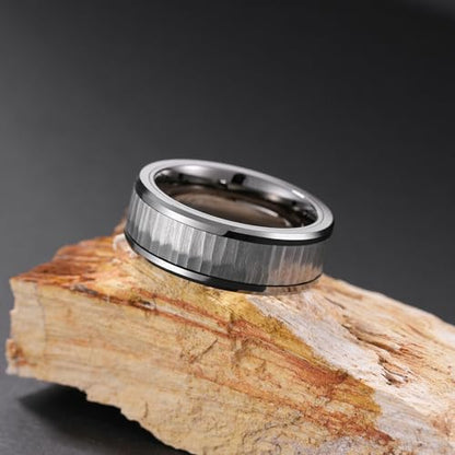 King Will Classic Mens 、Tungsten Carbide Rings Brick Pattern Groove Center | Silver/Black/Gold/Rose Gold, 8mm, Grooved, Comfort Fit, Brick pattern, Everyday Wear - color: G-Gun grey & Gunmetal