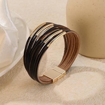 Wrapped Bracelets for Women,Leather Boho Bracelets for Women - color: Leather-Black