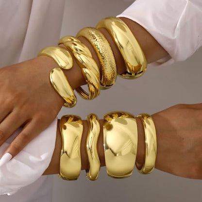 Chunky Gold Bangle Bracelets for Women, 14K Gold Plated Wide Cuff Bracelet | Stackable Open Cuff Bangles, Trendy Statement Jewelry Gift for Women - color: Gold-11