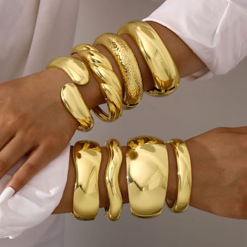 Chunky Gold Bangle Bracelets for Women, 14K Gold Plated Wide Cuff Bracelet | Stackable Open Cuff Bangles, Trendy Statement Jewelry Gift for Women - color: Gold-14