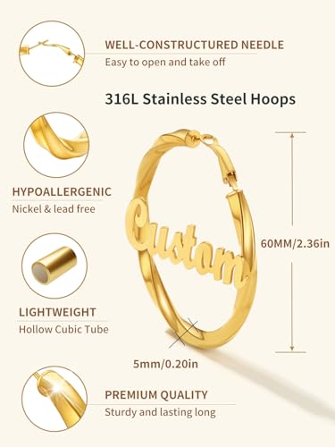 FindChic Twisted Hoop Earrings for Women, Silver/Black/14K Gold Plated Hypoallergenic Hollow Tube Rounded Loop Earrings, 30mm/40mm/60mm/80mm Hoops with Custom Name Options and Gift Box - color: f.Gold (Custom Name), size: 60MM