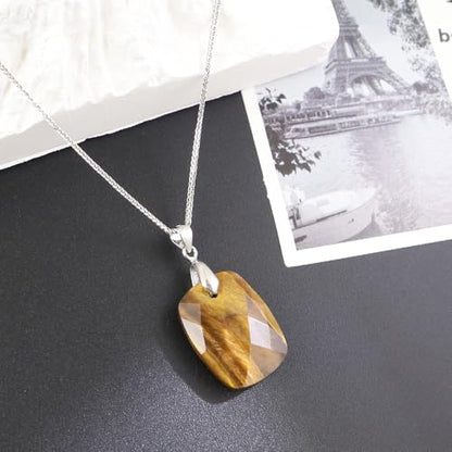 iSTONE 925 Sterling Silver Natural Crytral for Womens Pendant Necklace, Gemstone Birthstone with 17.8" Silver Chain Ladies - color: Rectangle - Tiger's Eye