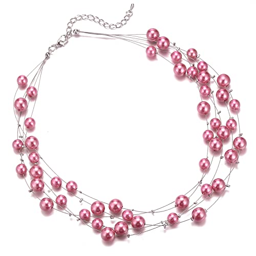 FULU AUTUMN Layered Pearl Necklace Multi-strand Pearl Choker Necklaces for Women Beaded jewelry for Wedding Parties - color: Light purple