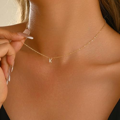 Small Letter Necklace for Women 18K Gold Plated Cubic Zirconia Tiny Initial Necklace Dainty Personalized Name Necklaces - color: V-Gold