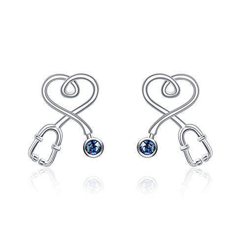 Stethoscope Earrings 925 Sterling Silver Heart Studs Earrings 12 Months Birthstone Crystals from Austria, Graduation Jewelry Gifts for Nurse Doctor RN Medical Student - color: Blue