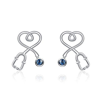 Stethoscope Earrings 925 Sterling Silver Heart Studs Earrings 12 Months Birthstone Crystals from Austria, Graduation Jewelry Gifts for Nurse Doctor RN Medical Student - color: Blue