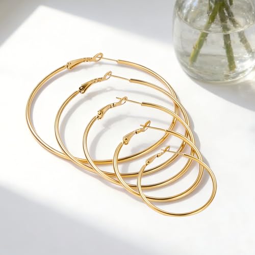 6 Pairs Gold Silver Hoop Earrings for Women 14K Gold Plated 316 Hypoallergenic Stainless Steel Lightweight Large Small Hoops Women Earrings 30/40/50mm Set - color: 5 Pairs Gold-30/40/50/60/70mm