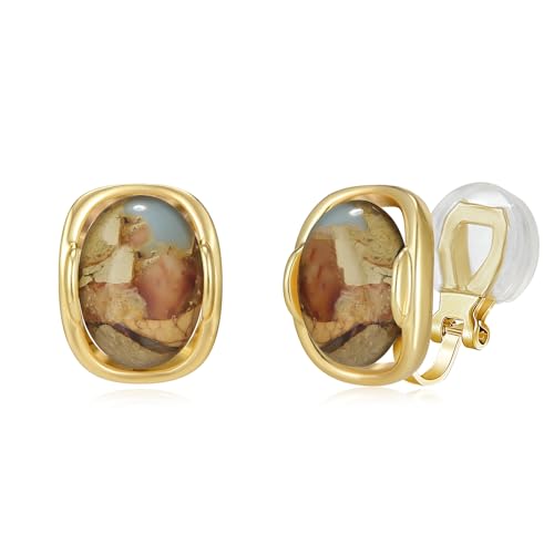 YOQUCOL Natural Stone Trendy Clip On Stud Earrings for Women Gold Plated Non Pierced Statement Earrings Fashion Jewelry - color: Oval-Brown