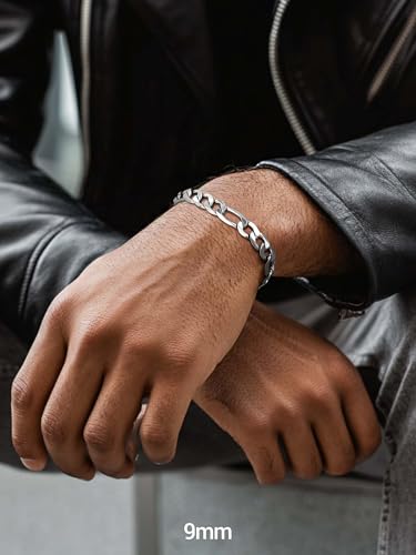 PROSTEEL Bracelets for Men, Figaro/Cuban Mens Bracelet, Silver/Gold/Black | 6/9/13mm Width, 7.5/8.3/9" Length, Stainless Steel Mens Bracelet, Durable & Non Tarnish, Chunky Jewelry with Gift Box - style: B 9mm-Figaro-Sliver