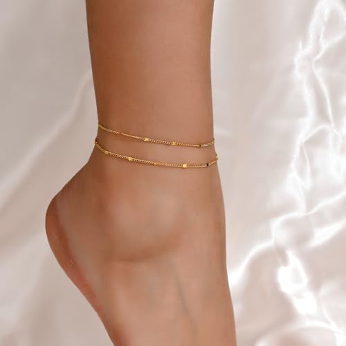 Ankle Bracelets for Women 18K Gold Plated Dainty Layering Anklets for Women Layered Twisted Rope Coin Chain Anklet Bracelets Waterproof Beach Summer Foot Jewelry - color: Layered Dot-Gold