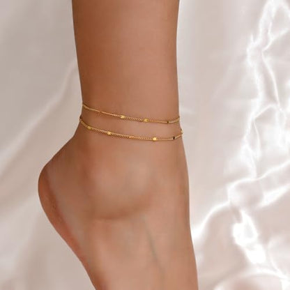 Ankle Bracelets for Women 18K Gold Plated Dainty Layering Anklets for Women Layered Twisted Rope Coin Chain Anklet Bracelets Waterproof Beach Summer Foot Jewelry - color: Layered Dot-Gold
