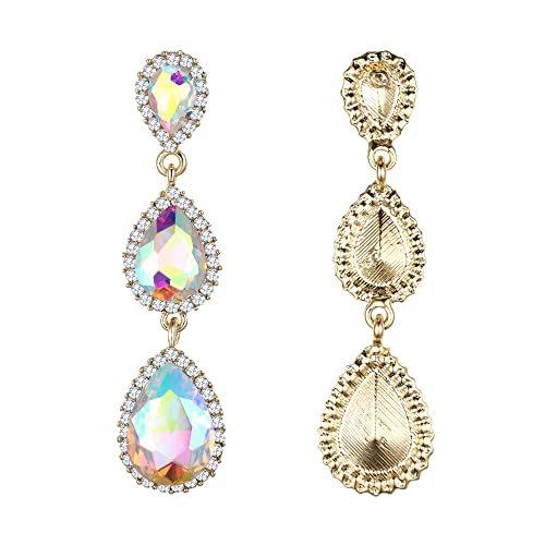 EleQueen Women's Crystal Teardrop Pear Shape 2.5 Inch Long Earrings | Dangle Earrings for Women, TearDrop Crystals Earrings for Bride Bridesmaid, Prom Jewelry for Wedding - color: Iridescent AB Gold-tone
