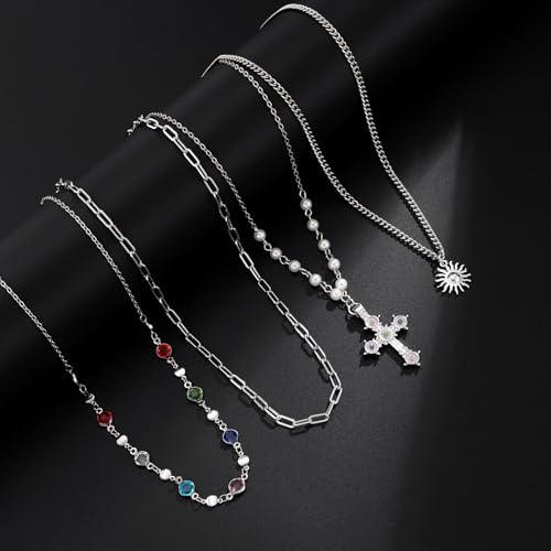 Cross Necklace for Women Gold Layered Long Cross Pendant Necklace Pearl Lariat Statement Necklaces Christian Gifts - color: C2:silver