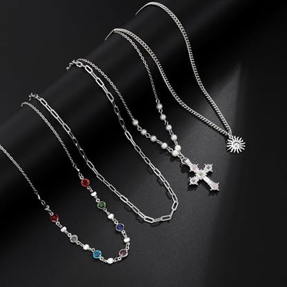 Cross Necklace for Women Gold Layered Long Cross Pendant Necklace Pearl Lariat Statement Necklaces Christian Gifts - color: C2:silver