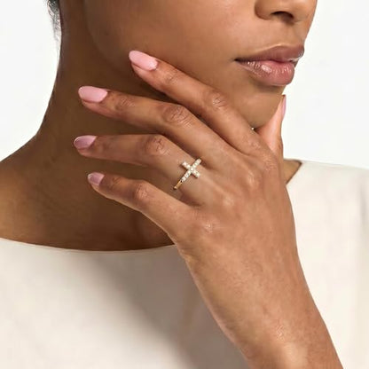 Cross Ring 14K Gold Plated 925 Silver with CZ, Stackable Rings - color: Cross 14K Gold, size: 7