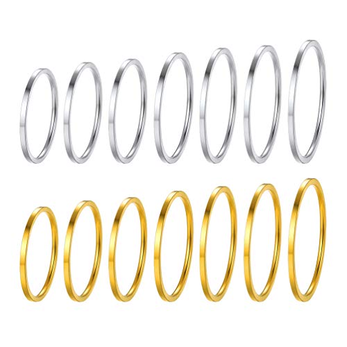PROSTEEL Stainless Steel Rings Set, Women's Plain Band Knuckle Stacking Midi Rings Comfort Fit, Silver/Gold/Rose Gold/Black Tone, Multi Size #4-#12 - color: N 14 pcs-silver & gold