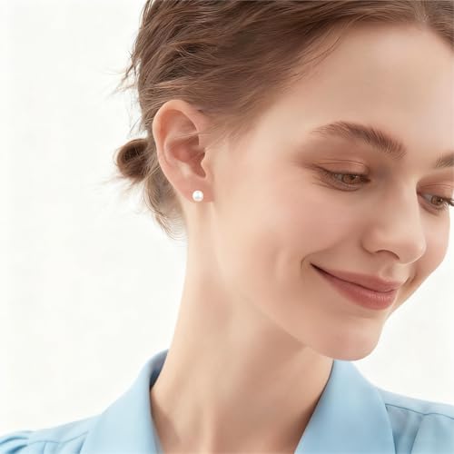 White Faux Pearl Stud Earrings, S925 Silver Posts Hypoallergenic for Women - color: White, size: 8mm