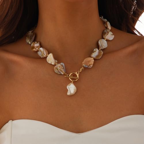Boho Chunky Shell Necklace for Women Baroque Pearl Pendant Necklaces Irregular Shell Beaded Choker Necklace Trendy Vacation Jewelry Accessories - color: White