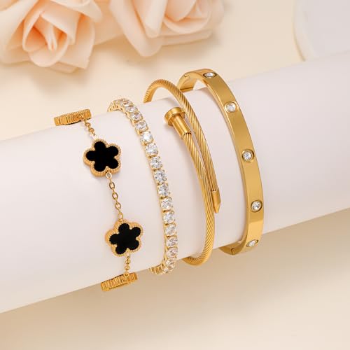 Gold Bracelets for Women, 18K Gold Plated Women Tennis Bracelets Clover Nail Love Bangle Bracelet Set, Gold Bracelet Stackable Set Trendy Jewelry, Gifts for Women's Day and Mother's Day - color: 03-Color-black