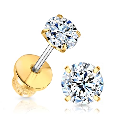 Limerencia Moissanite Stud Earrings, F136 Titanium Screw Back Earrings, D Color VVS1 Clarity Lab-created Moissanite Earrings, Hypoallergenic G23 Pure Titanium for Women Men Sensitive Ears - color: Gold, size: 4mm
