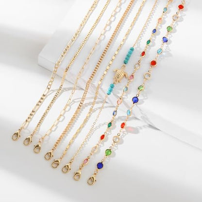 Starain 12Pcs Summer Beach Anklets for Women Waterproof Gold Silver Chain Ankle Bracelets Cute Women's Foot Anklet Set 7.9-10.5 inch Adjustable - color: 16Pcs Gold Ankle Bracelet