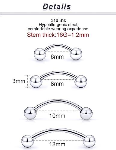 20G 16G 14G 12G Eyebrow Rook Daith Piercing Jewelry 316L Surgical Steel Vertical Lip Labret Belly Button Ring Snake Eyes Tongue Ring Curved Barbell 6mm(1/4") 8mm(5/16") 10mm (3/8") 12mm(1/2") - color: Silver, size: 16G(1.2mm)-6/8/10/12mm Bars