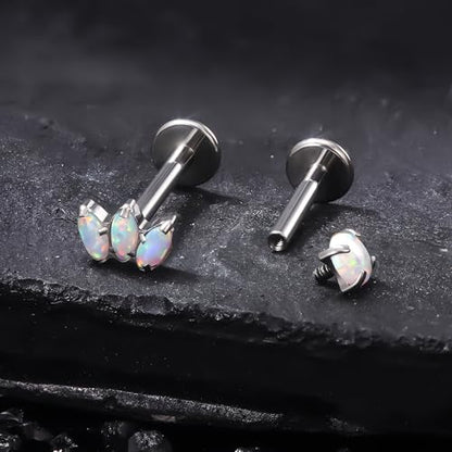 Titanium Flat Back Lip Rings Internally Threaded Earrings Studs Nose Rings 16G Opal CZ Tragus Cartilage Lobe Rook Helix Conch Labret Medusa Piercing Jewelry for Women Men W Piercing Taper Set - style: Three Opal