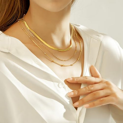 wgoud Gold Necklace for Women Waterproof,14K Real Gold Plated Herringbone Choker Necklace for Women Trendy, Dainty Gold Chain Necklaces Stack,Simple Layered Gold Necklaces for Women Jewelry Gifts - color: 3Pcs Gold Necklace B