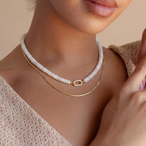 CONRAN KREMIX Colorful Stone Beaded Necklace for Women,Natural Gemstone Bead Choker Necklaces Boho Summer Beach Layering Necklace Jewelry Gift for Women - color: Clear white