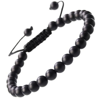 MASSIVE BEADS Natural Healing Power Gemstone Crystal Beads Unisex Adjustable Macrame Bracelets - color: Matte Onyx, size: 6mm