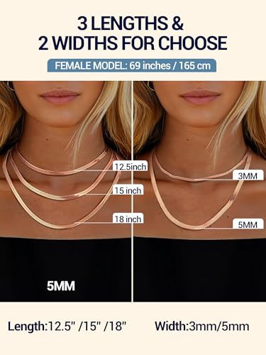 PROSTEEL 3mm/5mm Herringbone Choker Necklace for Women, 12.5"/15"/18", Stainless Steel/Sterling Silver Flat Snake Chain in Silver/Yellow Gold/Rose Gold/Black, Come with Box - color: 5mm-Rose Gold Plated, size: 12.5 Inch