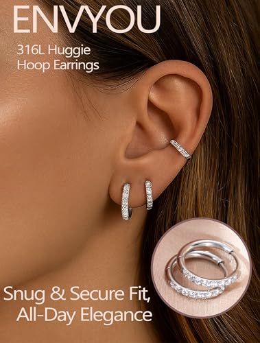 316L Surgical Steel Huggie Hoop Earrings | Dainty Pave Cubic Zirconia Cartilage Tiny Earring for Sensitive Ears Hypoallergenic Lightweight for Women Men - style: Silver,20G*8/10/12mm