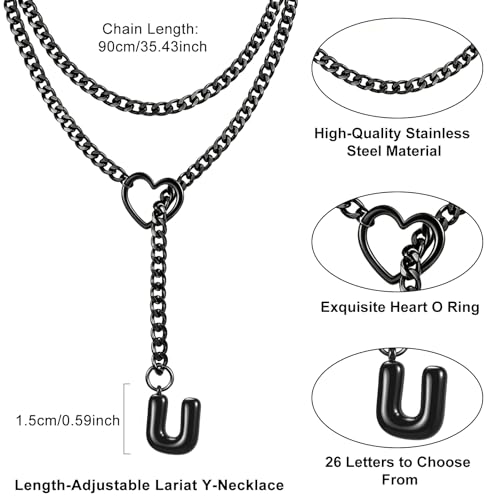 Black Heart Slip Chain Initial Necklaces for Women, Stainless Steel Wrap Choker Necklace, Gothic O-Ring Adjustable Lariat Y Necklaces, Punk Cuban Collar Choker Necklace, Halloween Jewelry Gift - color: Black U