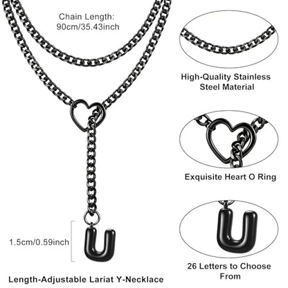 Black Heart Slip Chain Initial Necklaces for Women, Stainless Steel Wrap Choker Necklace, Gothic O-Ring Adjustable Lariat Y Necklaces, Punk Cuban Collar Choker Necklace, Halloween Jewelry Gift - color: Black U