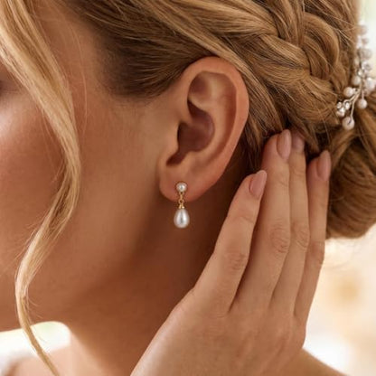 Plenky Pearl Earrings-14K Gold Plated Dainty Pearl Drop Simple Wedding CZ Dangle Dangling Cute Stud Earrings for Brides Earrings for Women Gifts - style: G-Pearl Earrings