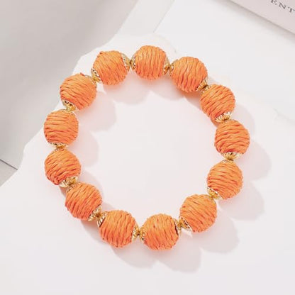 Coiris Rattan Raffia Woven Adjustable Boho Bracelet for Women | Handmade Bracelets Stretch Bracelet - color: Orange