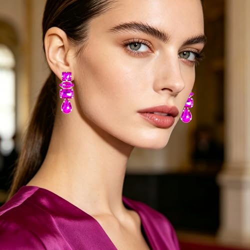 Dainty Sparkly Crystal Square Teardrop Circle Dangle Drop Earrings Long Chic Glitter Rhinestones Geometry Stud Earrings For Women - style: Rose Red
