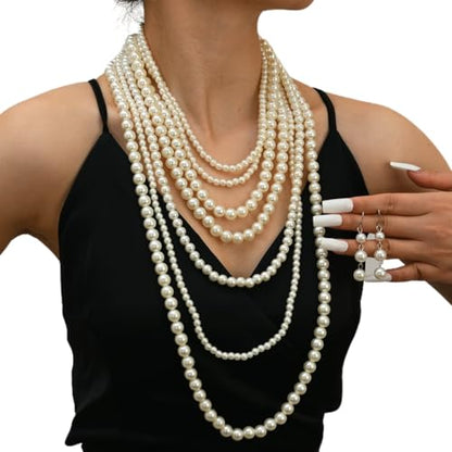 Long Pearl Necklace Layered Pearls Necklace and Earrings Set Pearl Body Jewelry